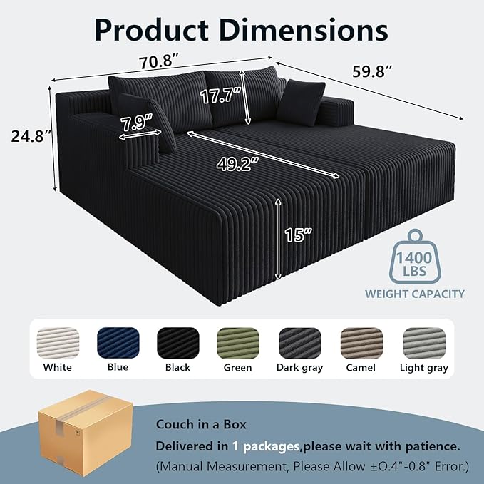 71Oversized Chaise Lounge ChairSectional Double Lounge Chaise with Pillows Upholstered Corduroy Boneless Lounge Chair Fluffy Modern Loveseat Sleeper Sofa for Living Room or Bedroom (Black)