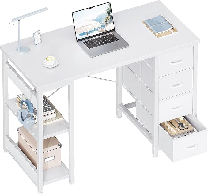 ODK 40 Inch Small White Computer Desk with 4 Fabric Drawers Modern Office Desk for Home Office Gaming with Storage Shelves Study White