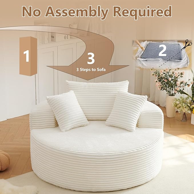Oversized Round Chair Lounge Chaise Indoor Upholstered Corduroy Deep Seat Cloud Large Circle Sofa Chair No Assembly Required Fluffy Modern Sleeper Sofa Bed for Reading Living Room Bedroom White
