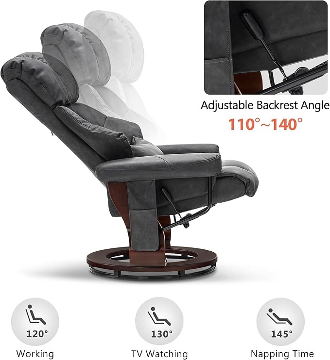 MCombo Manual Swivel Recliner with Ottoman Reclining Chair with Vibration Massage for Small Spaces Living Room Office Faux Leather 9068 (Dark Grey)