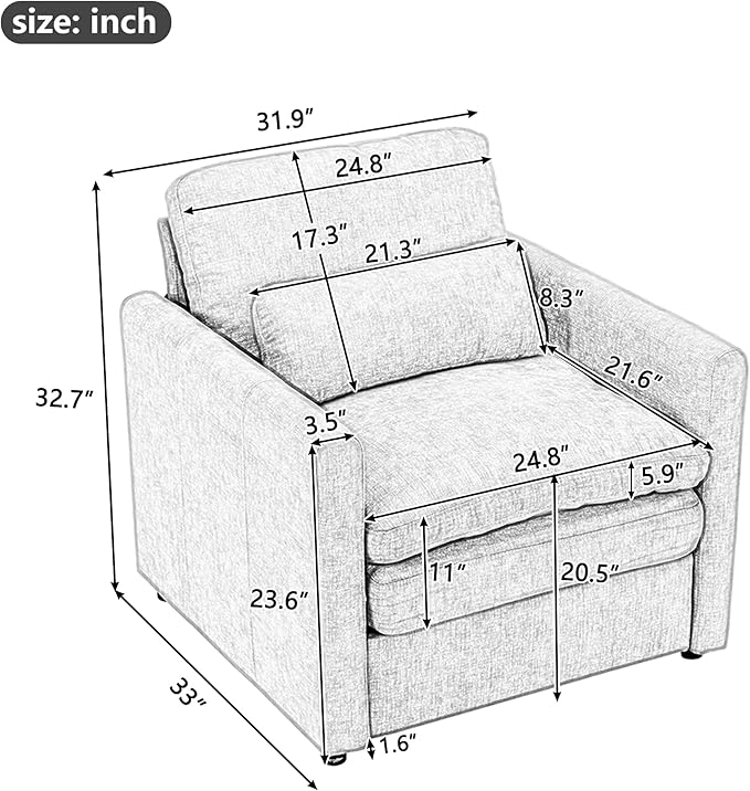 31.9 Oversized Cozy Upholstered Armchair Chenille Fabric Cloud Sofa Double Cushion Single Sofa Plush Cushion Armchair for Living Room Office Apartment (Grey-1c)
