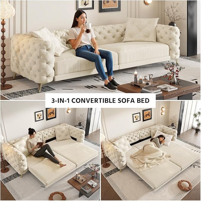 Ball &amp Cast 3-in-1 Convertible Sleeper Sofa with Movable Ottoman97.7 Velvet Pull Out Sofa Bed Modern Button Tufted 4-Seater Sofa Couch with Deep Seat for Living Room ApartmentOfficeBeige