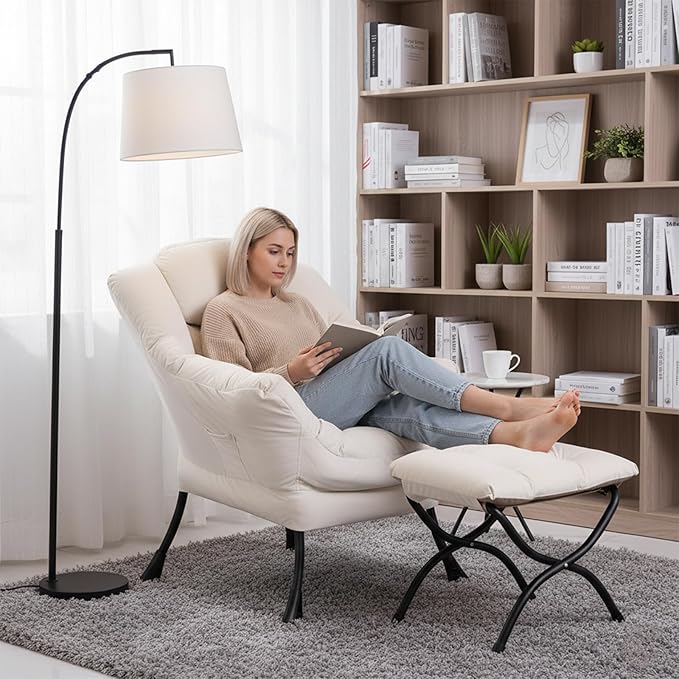 Welnow Lazy Chair with Ottoman Modern Accent Chair with Armrests and a Side Pocket Leisure Sofa Armchair Reading Armchair with Footrest for Small Space Beige