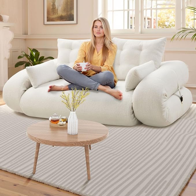 78.7 Folding Sofa Bed3-in-1 DIY Convertible Sleeper SofaTeddy Velvet Couch Bed with ArmrestFoldable Mattress with Back SupportQueen Size Floor Sofa Bed for Living Room Bedroom(Beige)