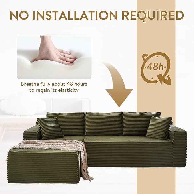 Cloud Sectional Couch with L-Shape Chaise105 Modern Minimalist Modular Sectional Sofa Fluffy Corduroy Upholstered Couches for Living Room No Assembly Required (Green Left Facing Chaise)