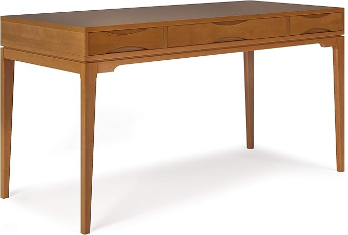 SIMPLIHOME Harper Desk - 60 Inch Wide Solid Wood Writing Desk in Light Golden Brown Mid-Century Modern Home Office Computer Table for Study with 2 Drawers and Flip-Down Keyboard Tray