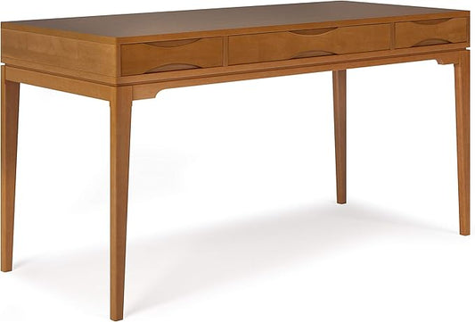 SIMPLIHOME Harper Desk - 60 Inch Wide Solid Wood Writing Desk in Light Golden Brown Mid-Century Modern Home Office Computer Table for Study with 2 Drawers and Flip-Down Keyboard Tray