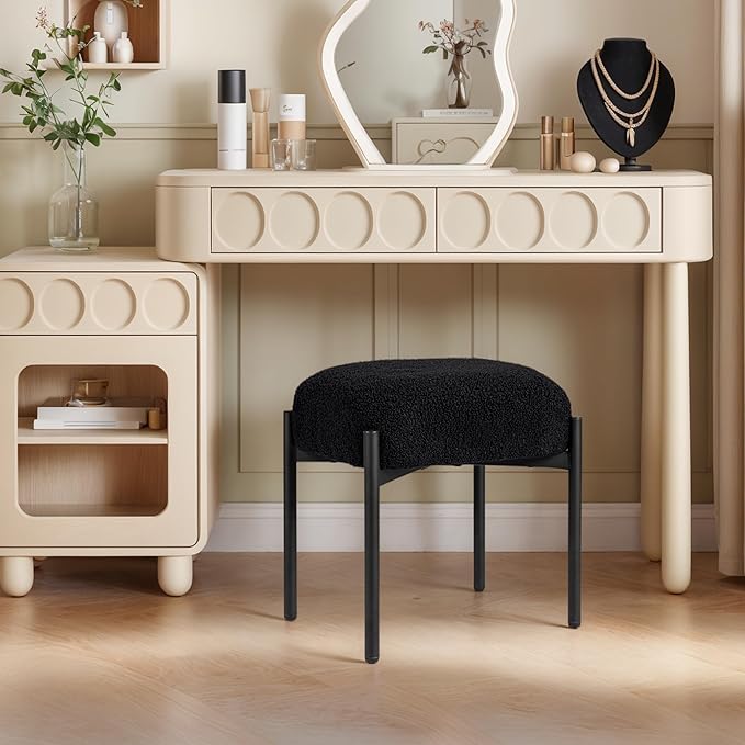 Vanity Stool Chair Faux Fur 16.3L x 12.8W x 17.3H Soft Ottoman Makeup Chair Bench Furry Padded Seat with 4 Metal Legs Footstool Multifunctional Chairs for Bedroom Living Room Black