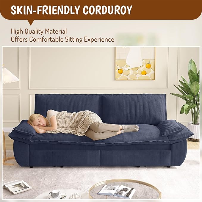 Cilee 73.2 Folding Sofa Bed 3-in-1 Convertible Loveseat Sleeper Sofa Pull Out Futon Sofa Comfy Floor Couch with Storage Pocket &amp 2 Pillows Love Seats Furniture for Living Room Corduroy Blue