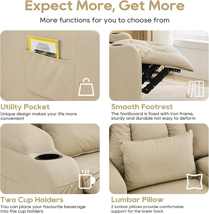 IPKIG 54 Loveseat Recliner Sofa - 2 Seater Reclining Sofa with Side Pockets Cup Holders Lumbar Pillows Manual Recliner (Beige 54 Loveseat)