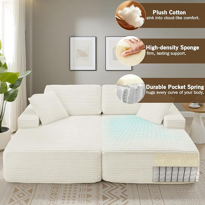 89.3” Oversized Double Chaise Lounge Indoor Beige Corduroy Chaise Lounge Chair Upholstered Sleeper Sofa Bed Deep Seat Sleeper Loveseat Reading Chairs Boneless Cloud Couch for Living Room Bedroom