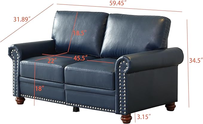 59 Faux Leather Pu Loveseat Underseat Storage Classic Love Seat Couch Elegance 2 Seat with Rolled Armrests Nailhead Trim Wood Legs Traditional Living Room Accent Sofa 2 Seat-Navy Blue