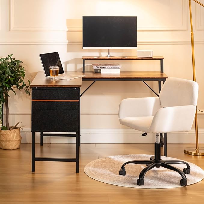 Homy Casa 48.8-Inch L-Shaped Computer Desk with Storage Bag and Desktop Rack – Durable Metal Frame Ample Storage Ideal for Home Office or Studio Use (Brown)