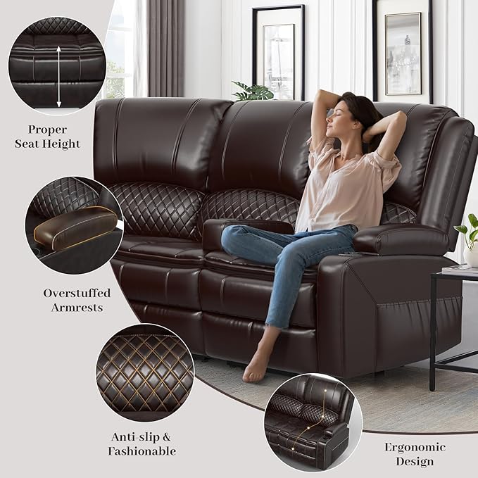 Manual Reclining Sectional Sofa Set 4 Seats Soft Leather Recliner Corner Sectional Couch Family-Sized L-Shaped Recliner Couch with USB Charging Thickened Padding Sturdy Frame Brown