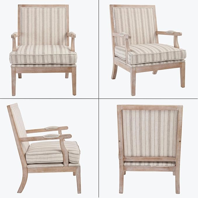 chairus Farmhouse Linen Accent Chair Set of 2 Upholstered Reading Chair with Solid Wood Frame Lounge Arm Chair with High Back for Living Room Reception Room Waiting Room Khaki Stripe