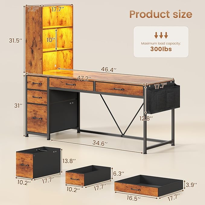 SEDETA Computer Desk with 5 Drawers and Bookshelf Reversible Home Office Desk with Storage Shelves and File Drawer Gaming Corner Desk with LED Lights for Small Spaces Rustic Brown