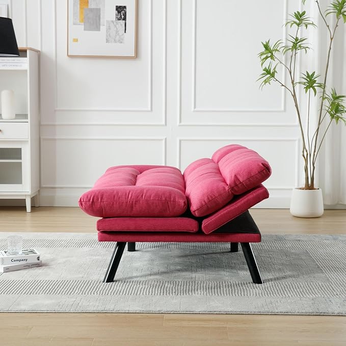 Convertible Futon Sofa Bed Linen Folding Loveseat Couch with Adjustable Backrest and Wooden LegsDouble Sleeper Sofa Couches for Small Spaces Living Rooms Apartment Office (Rose Red)