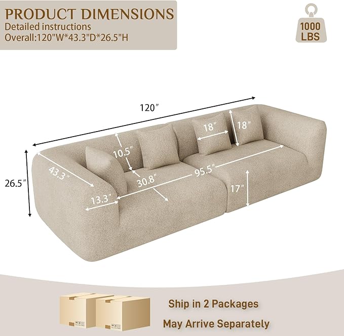 120 Oversized Sectional Couches for Living Room Comfy Plush Boneless Modular Sectional Sofa Modern Modular Couch Chenille Cloud Couch Sectionals 4 Seater No Assembly Needed Light Brown