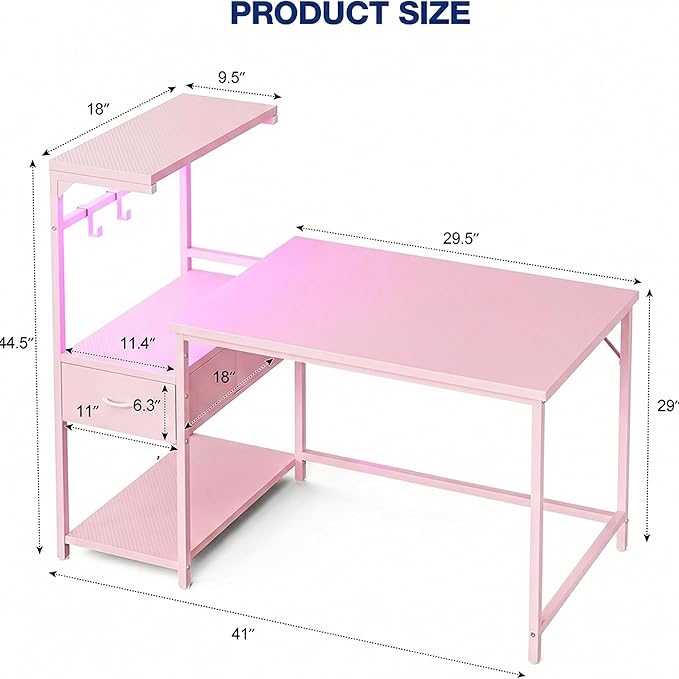 Grandder Gaming Desk 41 Inch with CPU Stand and LED Light Computer Desk with Reversible Shelves and Storage Drawer Pc Small Desk for Home Office Table with Bag Pink