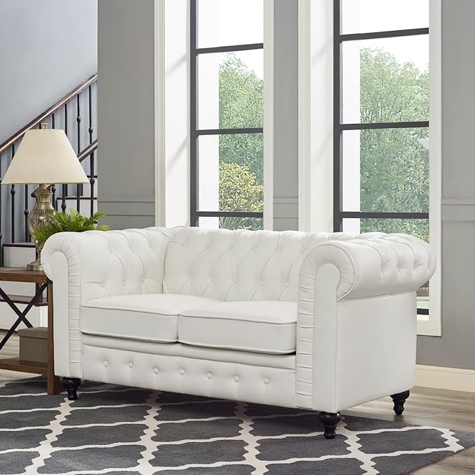 Naomi Home Emery Chesterfield Leather Loveseat Mini Sofa Sleeper Loveseat Small Sofa Bed with Rolled Arms Tufted Cushions 2 Seater Sectional Small Loveseat for Spaces Living Room White