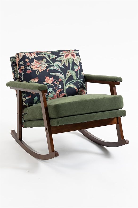 ZeHuoGe Mid Century Modern Accent Chair Rocking Chair with Wood Frame Upholstered Living Room Chairs Reading Armchair for Bedroom Sunroom (Antique Green)