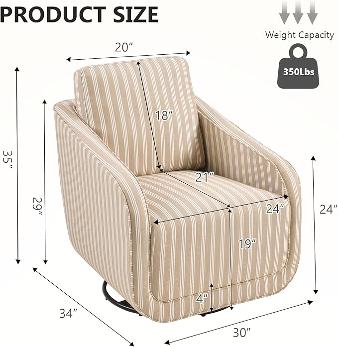 CANMOV Swivel Accent Chair Square Chair Suitable for Use in Living Room Bedroom Small Spaces and can Swivel Smoothly. Swivel Barrel Reading Chair with Thick Padded Backrest Cushion Brown Stripe
