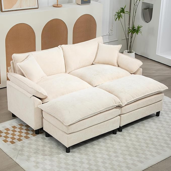 Chenille Modular Sectional Sofa 80'' Comfy Cloud Sofa Couch with Remove Ottoman Large U-Shaped Extra Deep Seat Sofa with Pillows for Living Room DIY Beige