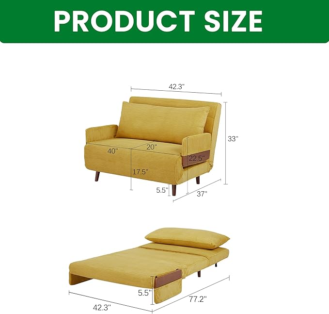 3-in-1 Convertible Sofa Bed Futon Loveseat Couch with Pillow Adjustable Backrest &amp Removable Armrests Recliner Sleeper Sofa for Small Spaces Living Room Bedroom or Office Mustard Yellow