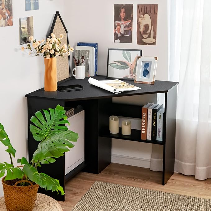 Small Corner Desk Space-Saving Corner Workstation with Storage Shelves &amp CPU Stand 90 Degree Triangle Makeup Vanity Desk Wood Corner Computer Desk for Small Space (Black)
