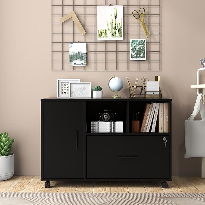 Panana Wood File Cabinet with Lock 1-Drawer Wooden Office Lateral Filing Cabinet on Wheels Mobile Printer Stand with Open Storage Shelf for Letter/Legal/A4 Size Files (Black1)