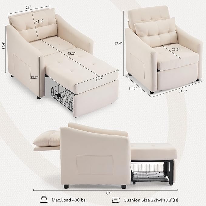Bezseller Convertible Sofa Bed Chair 3-in-1 Sleeper Chair with Storage Drawer Pull Out Couch with Side Pocket Pillow and Adjustable Backrest for Small Spaces Living Room Beige