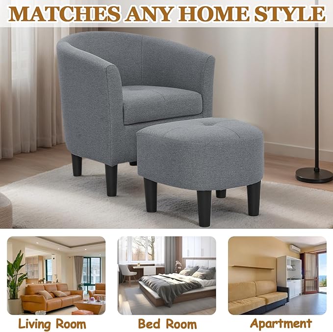 25” Fabric Upholstered Accent Chairs with Ottoman Comfy Barrel Chair with Tufted Seat for Adults Cozy Reading Chairs with Round Back for Living Room Bedroom Small Spaces (Gray) (Gray)
