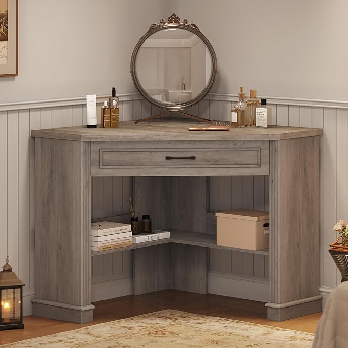 SEDETA 31.5 Small Corner Desk Corner Desk for Small Space Farmhouse Computer Desk with Drawers Triangle Computer Desk with Storage Shelves for Home Office Living Room Bedroom Gray