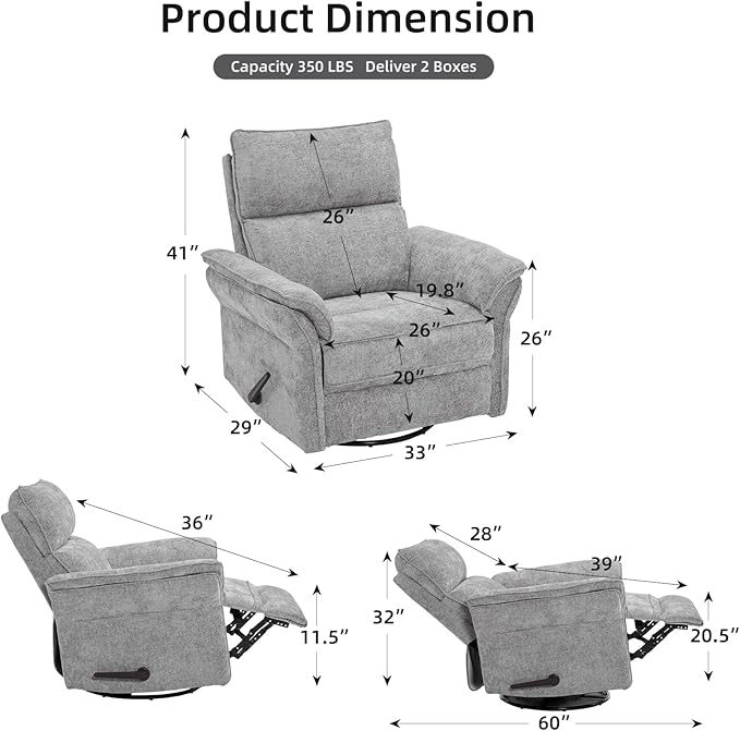 Oversized Glider Rocker Recliner 26 Extra Wide 360° Swivel Nursery Recliner with Adjustable Headrest Chenille Rocking Nursery Chair with Overstuffed Armrest Lumbar Support Light Grey