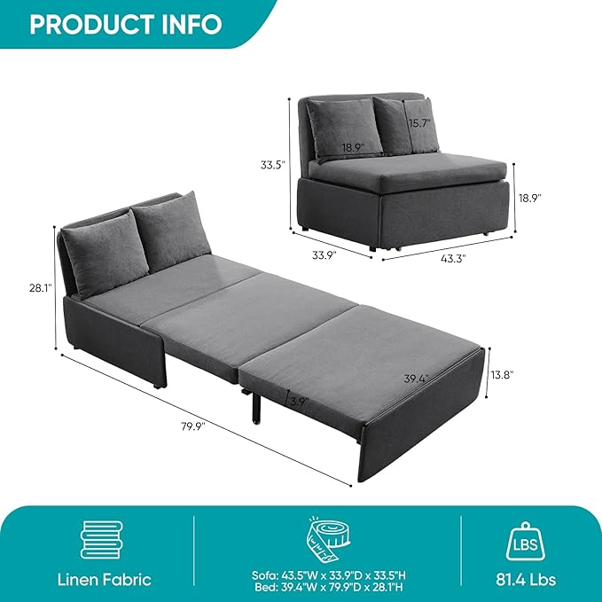 BALUS 43W Twin Pull Out Sofa Bed Sleeper Couch with Pullout Beds 2 in 1 Convertible Linen Sleepers Sofa Single Chair with Pillows and 3.9 Foldable Mattress for Small Space Apartment Loft Dark Grey