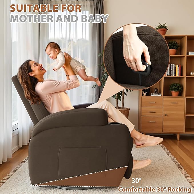 Flamaker Swivel Rocker Recliner Chair with Vibration Massage 360° Swivel Recliner Chairs for Adults Ergonomic Lounge Chair with Cup Holders Lazy Boy Recliner Single Sofa Seat (Fabric Brown)