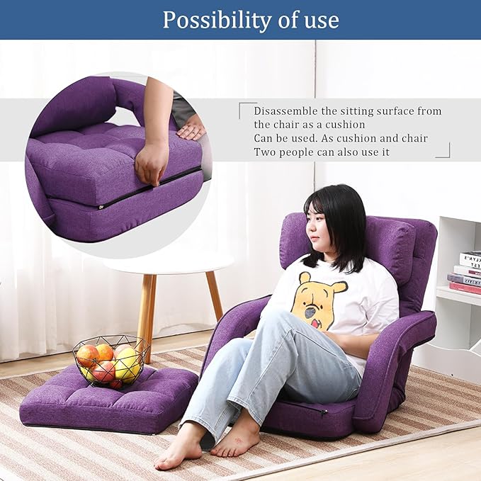 FLOGUOR 42-Position Adjustable Floor Chair Chaise Lounge Indoor Folding Lazy Sofa with Armrests and a Pillow Padded Adults Gaming Chairs for Living Room Bedroom Factory Price 8803XM (Purple)