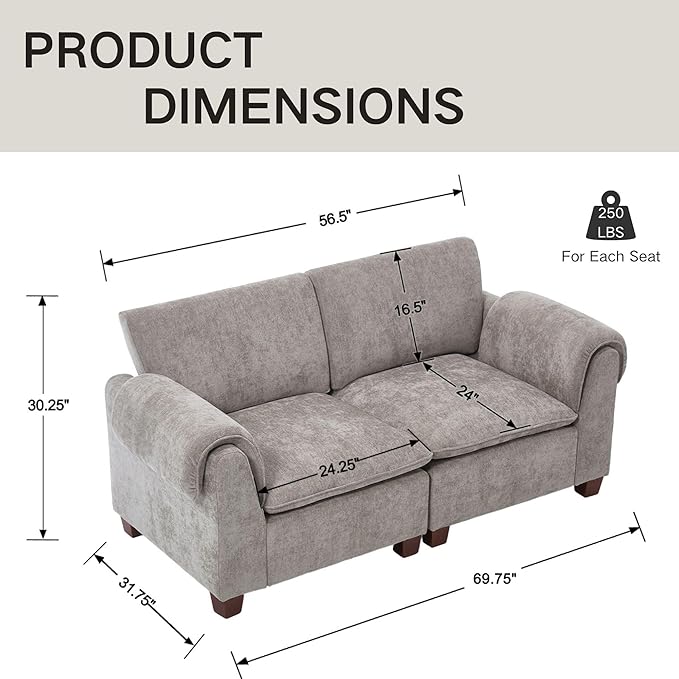 69 Inch Loveseat Sofa 2 Seater Small Sectional Couch Cozy Cloud Chenille Fabric Modular Sectional Love Seat Sofa Couch for Living Room/Apartment Grey