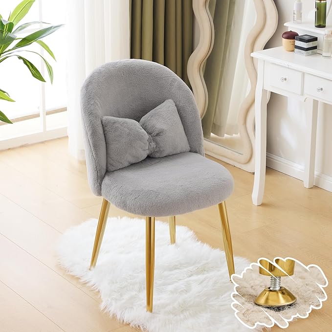 VINGLI Fluffy Girls Vanity Chair with Back &amp PillowCute Small Cozy Desk Chair No WheelsComfy Makeup Ch with Ajustable Gold Legsfor BedroomLiving RoomSmall SpaceGrey