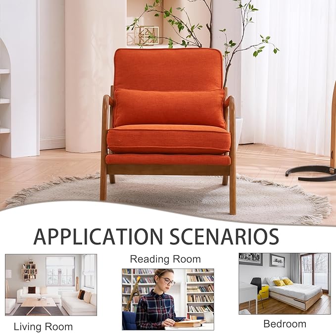 Mid Century Modern Accent Chair for Living Room Upholstered Armchair with Solid Wood Frame Comfy Reading Boho Chair for Bedroom (Orange Set of 2)