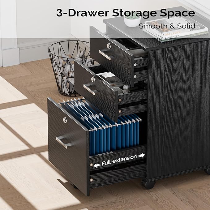 VINGLI 3-Drawer File Cabinet with Lock Wood Rolling Filing Cabinets for Home Office Mobile Printer Stand Under Desk File Organizer for Letter Sized Files 26 H(Caster Included) Black