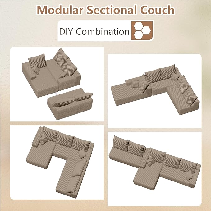 Cloud Modular Sectional Sofa for Living Room167x69.7 Oversized L-Shaped Couch with 7 PillowsBig Comfy Couches SetFluffy Deep-Seat Corduroy Sofa with ChaiseNo Assembly (CamelLeft-Facing Chaise)