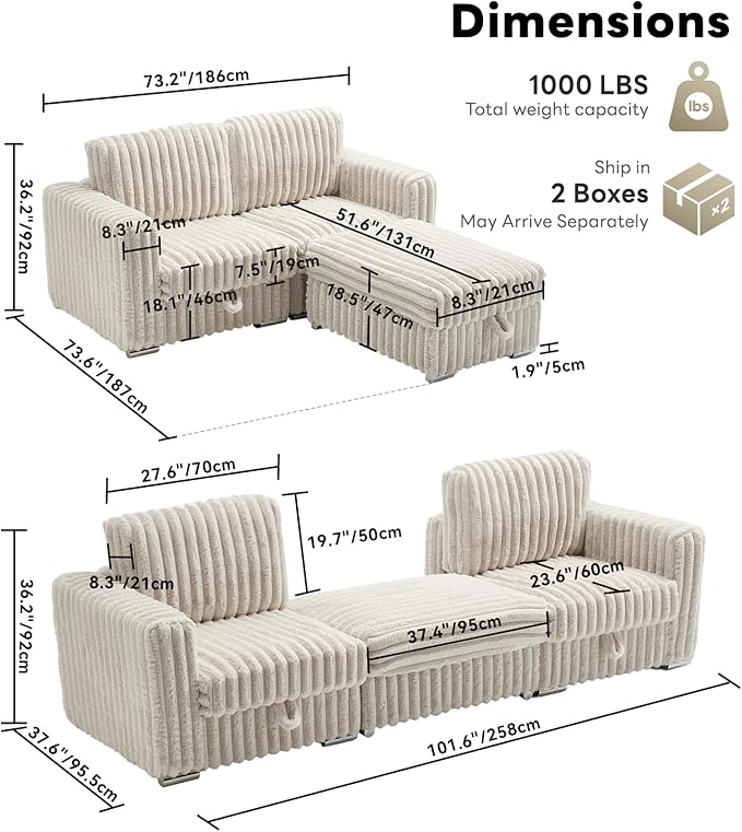 Tbfit Modular Sectional Sofa with Storage Ottoman Corduroy Cloud Couch 73 W &amp 101 W Convertible Love Seat for Small Spaces L-Shaped Sofa for Living Room Beige