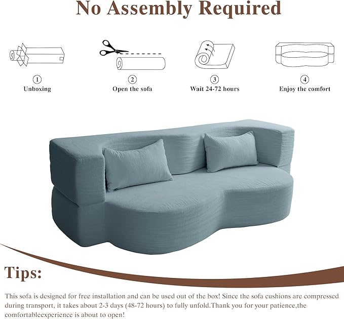 Convertible Sofa Bed 78'' Queen Size Folding Sleeper Sofa with Pillow 2-in-1 Teddy Fabric Boneless Loveseat Floor Couch &amp Mattress for Living Room Guest Room No Assembly Required (Blue)