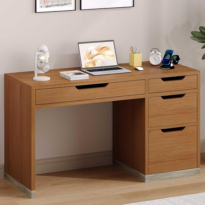 Small Desk with Drawers 52 Inch Computer Desk with Storage Home Office Desk with Filing Drawer for Bedroom Brown