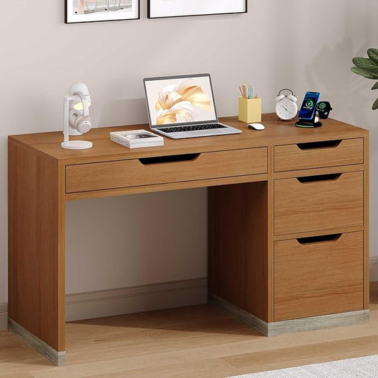 Small Desk with Drawers 52 Inch Computer Desk with Storage Home Office Desk with Filing Drawer for Bedroom Brown