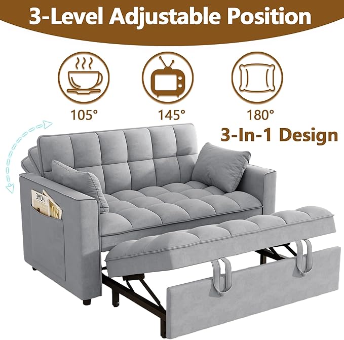3 in 1 Convertible Sleeper Sofa Bed 52'' Velvet Pull Out Couch Bed with Comfy Pillows &amp Adjustable Backrest/Side PocketsFuton Loveseat Sleeper Sofa for Small Spaces Living Room Bedroom (Gray)