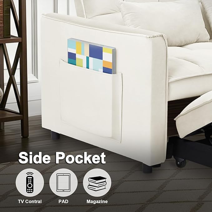 3 in 1 Convertible Sofa Bed Pull Out Couch with Adjustable Backrest Velvet Sleeper Sofa Loveseat with Pillows and Side Pockets for Living Room Bedroom Apartment Beige