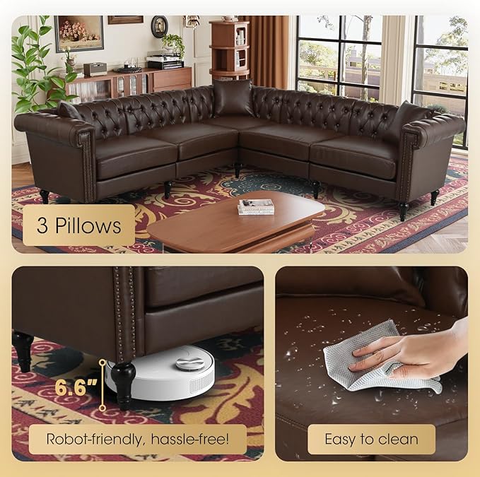 99.4 X 99.4 L Shaped Couch Faux Leather Sectional Couch with Three Pillows Chesterfield L Shaped Sofa 5 Seat PU Leather Sectional Couches for Living Room Brown