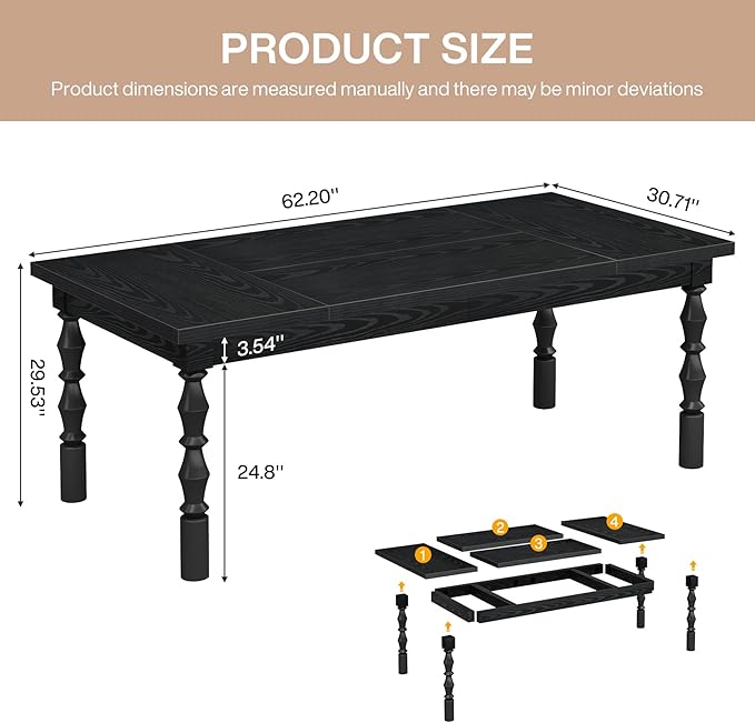 Tribesigns Large Executive Office Desk 62.2-Inch Farmhouse Modern Computer Desk Mid Century Study Writing Table Workstations Business Office Furniture with Carved Turned Legs (Black)
